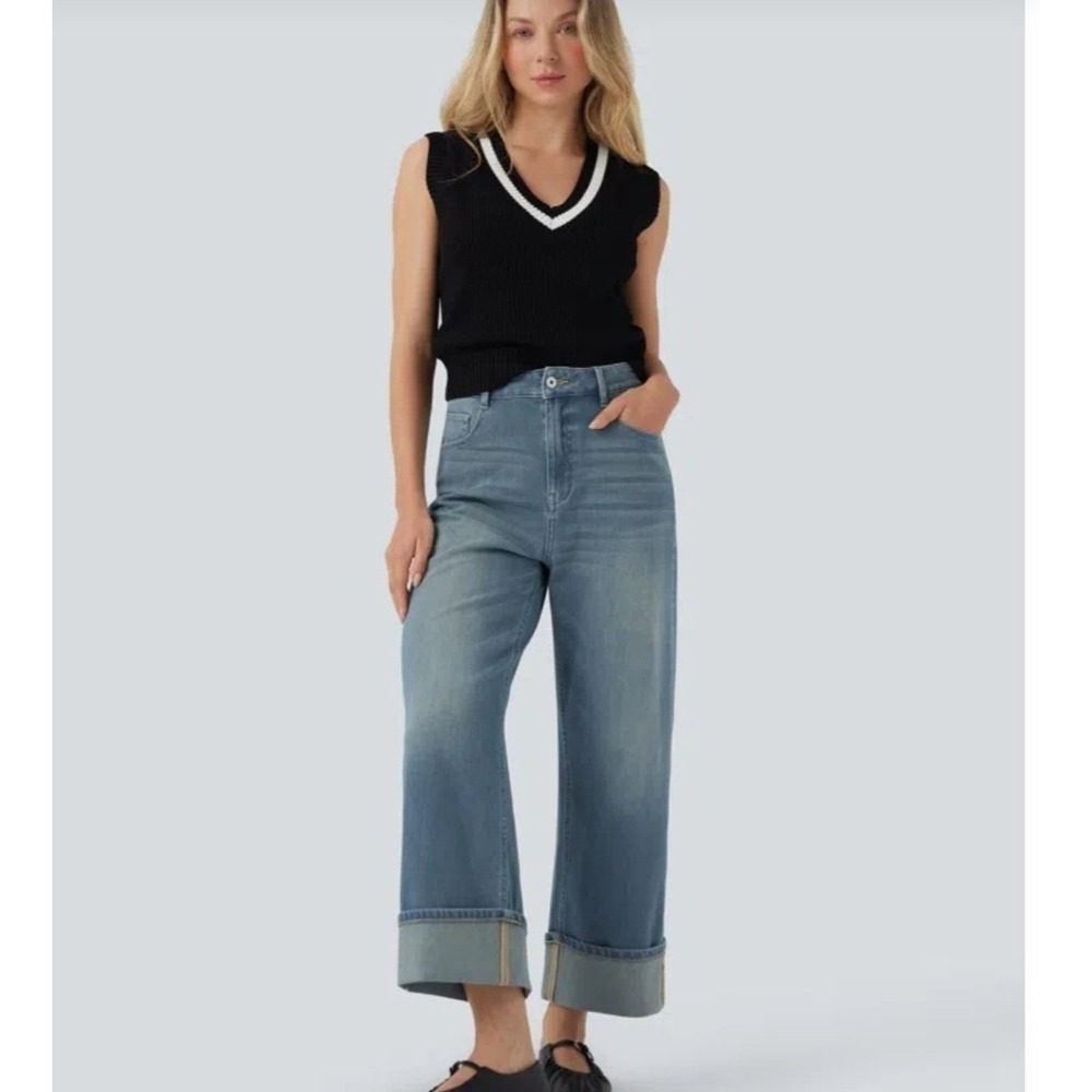 Halara Flex High Waisted Pockets Rolled Hem Wide Leg Casual Jeans Large Petite